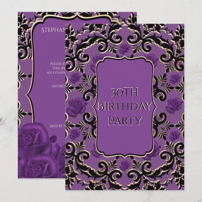 Invitation Anniversaire gothique élégant rose et de damassé (Devant / Derrière)