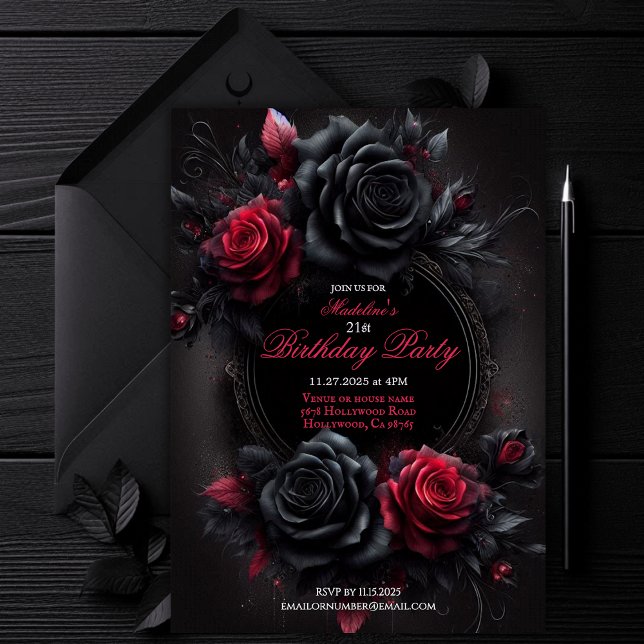 Invitation Anniversaire gothique romantique rouge et noir (gothic invitation, red roses invite, black roses invitation, customizable birthday invite, )