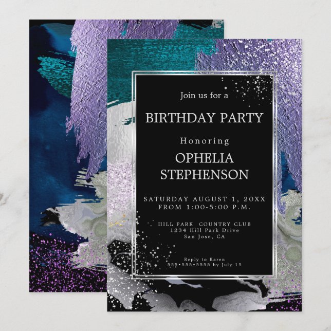 Invitation Anniversaire | Gras Violet Turquoise Brush Strots (Devant / Derrière)