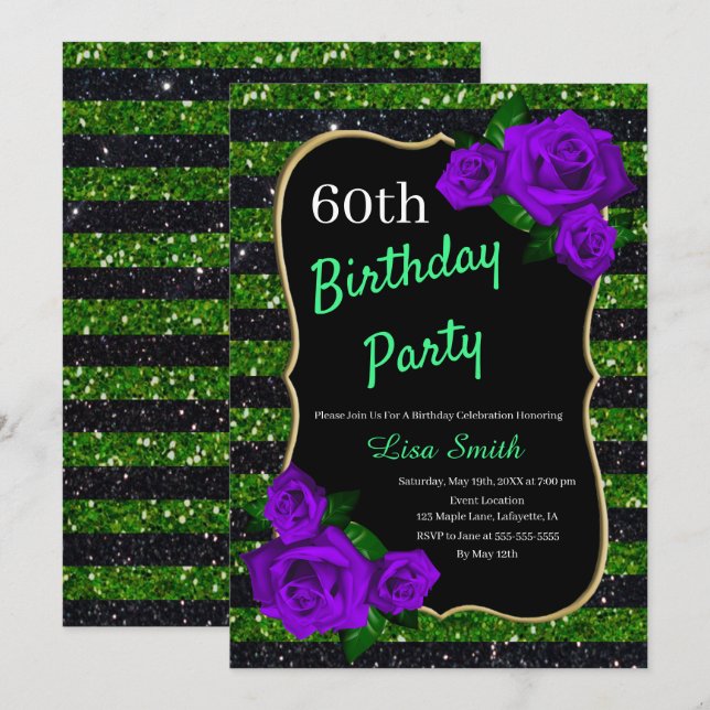 Invitation Anniversaire Green Black Stripes Parties scintilla (Devant / Derrière)