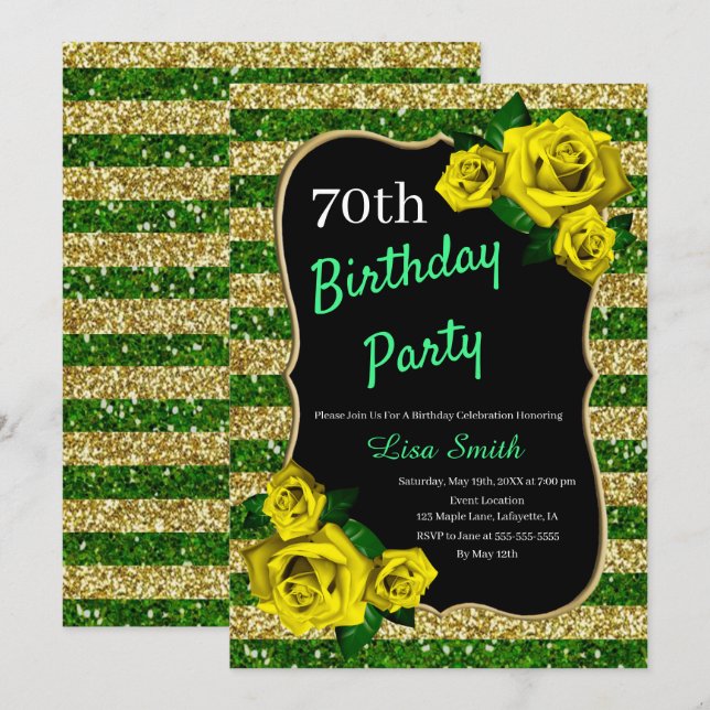 Invitation Anniversaire Green Gold Stripes Parties scintillan (Devant / Derrière)