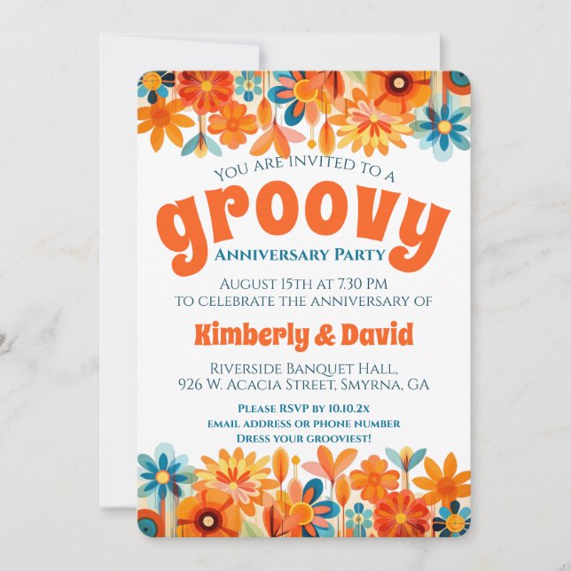 Invitation Anniversaire Groovy Ambiance des Années 60 Fleurie (Devant)