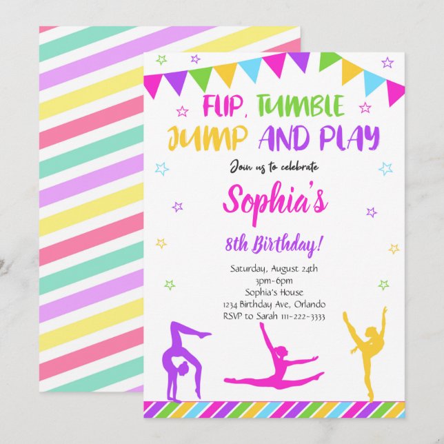 Invitation Anniversaire Gymnastique Flip Tumble (Devant / Derrière)