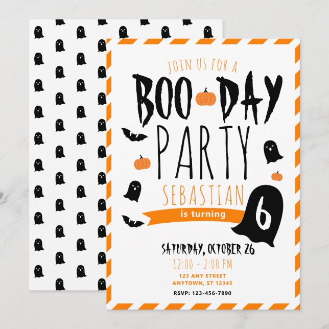 Invitation Anniversaire Halloween Boo-Day Fantômes et Chauves (Devant / Derrière)