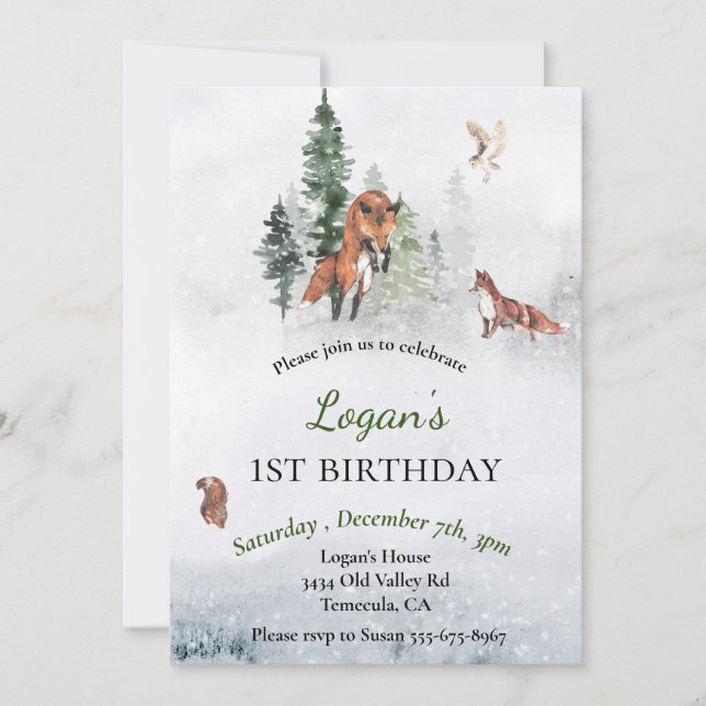 Invitation Anniversaire Hiver Vacances Vacances renard animal (Devant)