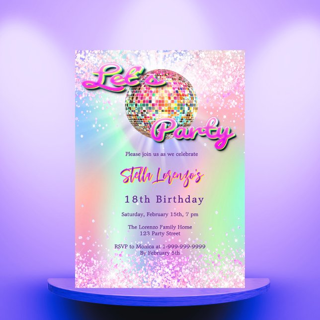 Invitation Anniversaire holographique à la menthe rose disco (Créateur téléchargé)