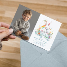 Invitation Anniversaire horizontal blanc mou lapin et arc-en-