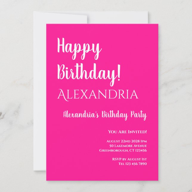 Invitation Anniversaire Hot rose White Typographie Joyeux ann (Devant)