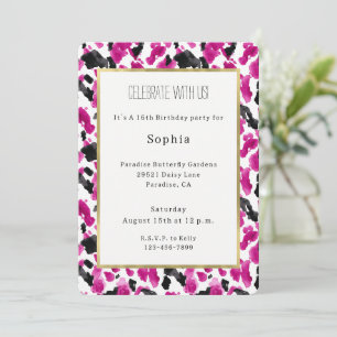 Invitation Anniversaire Imprimé Vache Rose Noir Blanc Cowgirl
