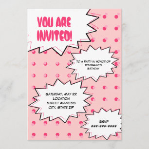 Invitation Anniversaire inspiré comique tramé rose d'art de