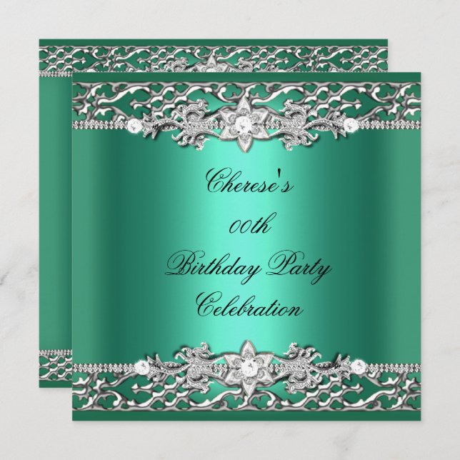 Invitation Anniversaire Jade Green Silver Diamond (Devant / Derrière)