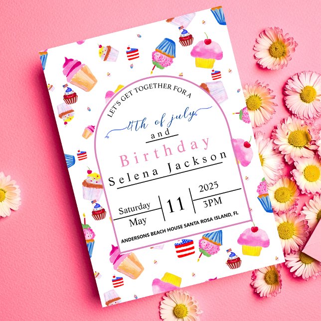 Invitation Anniversaire le 4 juillet gâteau rose avec drapeau (Créateur téléchargé)