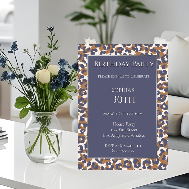 Invitation Anniversaire Leopard Motif-Bleu et Brown- (Leopard Pattern-Blue and Brown- Birthday Invitation 
)