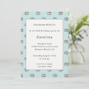Invitation Anniversaire Lèvres Paillettes Argentées Menthe 