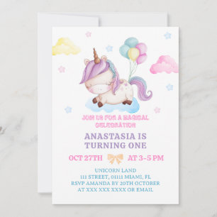 Invitation Anniversaire Licorne 1 an Couleurs Pastel