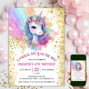 Invitation Anniversaire Licorne 8 ans   Arc-en-ciel Paillette