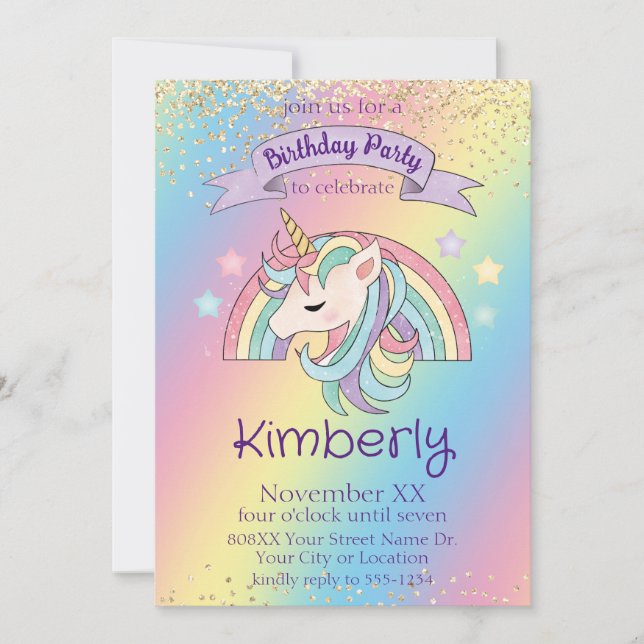 Invitation Anniversaire Licorne Arc-en-Ciel Paillettes Dorées (Devant)