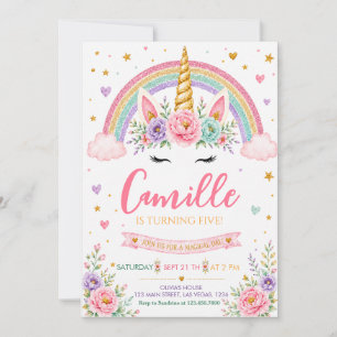 Invitation Anniversaire Licorne Arc-en-ciel Paillettes Pastel