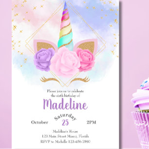 Invitation Anniversaire Licorne Arc-en-ciel Pastel