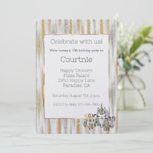 Invitation Anniversaire Licorne Argent Pailleté Glamour Or