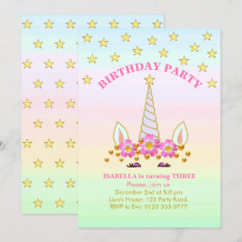 Invitation Anniversaire Licorne, Étoiles, Fleurs et Confettis