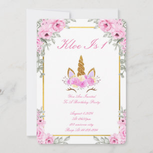 INVITATION ANNIVERSAIRE LICORNE FLEURALE ROSE