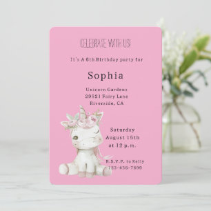 Invitation Anniversaire Licorne Fleurie Rose