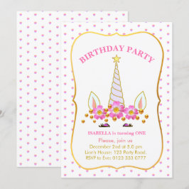 Invitation Anniversaire licorne, fleurs et confettis