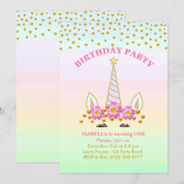 Invitation Anniversaire licorne, fleurs et confettis