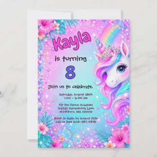 Invitation Anniversaire Licorne Magique Arc-en-Ciel Paillette