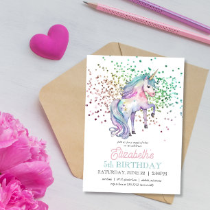 Invitation Anniversaire Licorne Magique Paillettes Arc-en-cie