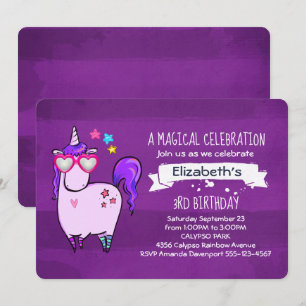 Invitation Anniversaire Licorne Mignonne en Lunettes de Solei