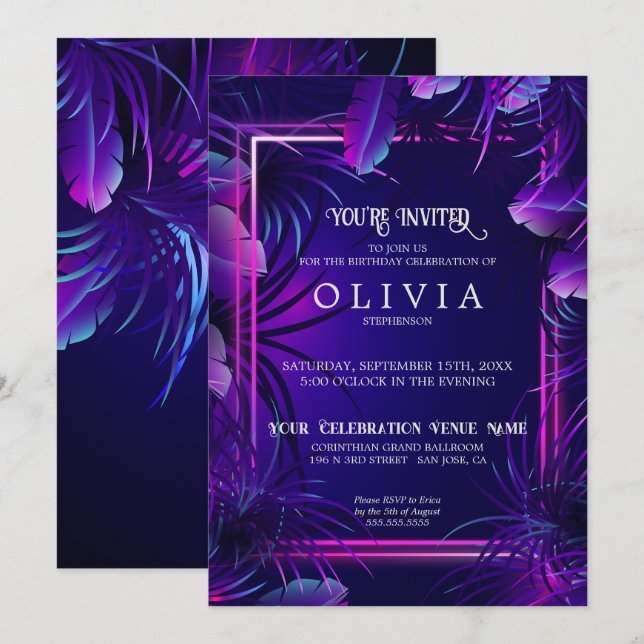 Invitation Anniversaire | Liquide tropicale de néon violet (Devant / Derrière)