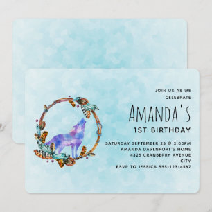 Invitation Anniversaire Loup à l'aquarelle avec une couronne 