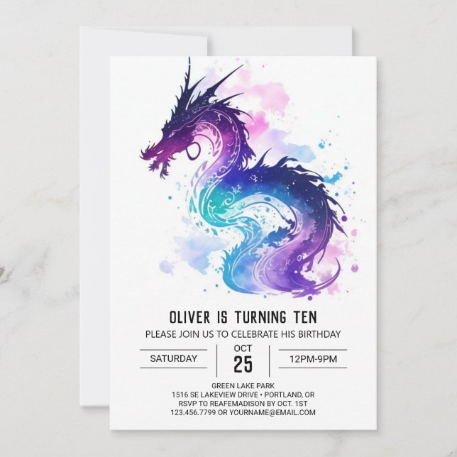Invitation Anniversaire majestueux du dragon d'aquarelle (Devant)