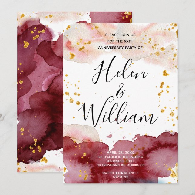 Invitation Anniversaire mariage Or et Bourgogne (Devant / Derrière)