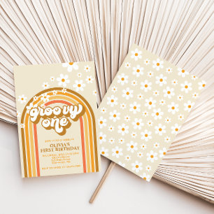 Invitation Anniversaire Marron Orange Rétro Groovy Un Arc-en-