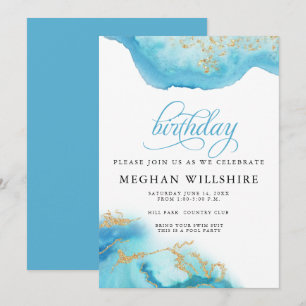 Invitation Anniversaire Mars Aquamarine Watercolor Geode