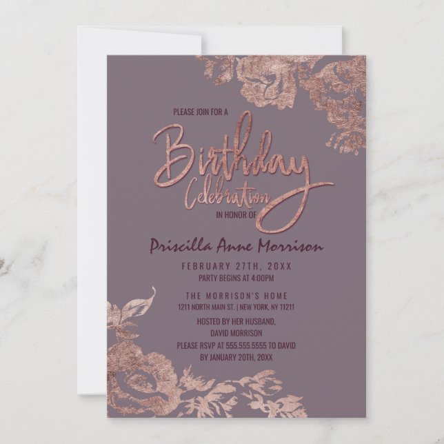 Invitation Anniversaire mauve pourpre floral d'or rose (Devant)