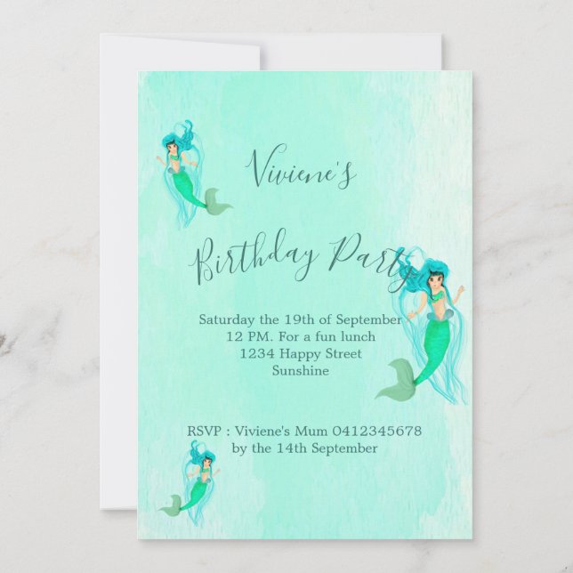 Invitation Anniversaire Mermaid Motif Green Mermaid Tail Girl (Dos)