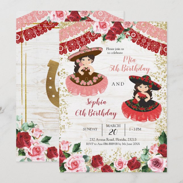 Invitation Anniversaire mexicain de Charra Rose et Rose Rouge (Devant / Derrière)