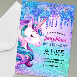 Invitation Anniversaire mignon licorne ombré bleu violet qui