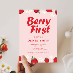 Invitation Anniversaire Minimaliste Rouge Rose Fraise Baie Pr