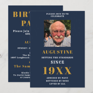 Invitation Anniversaire Modèle photo Elegant Chic Blue Gold