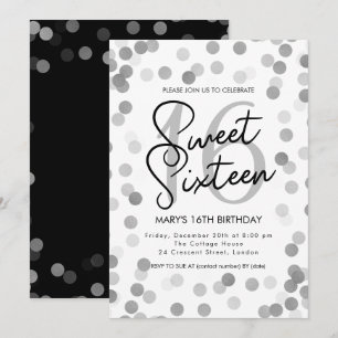 Invitation ANNIVERSAIRE MODERNE 16 ans Argenté Chic Paillette
