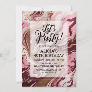 Invitation Anniversaire moderne de marbre rose bordeaux doré