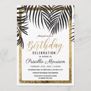 Invitation Anniversaire moderne d'or de palmier de noir rose