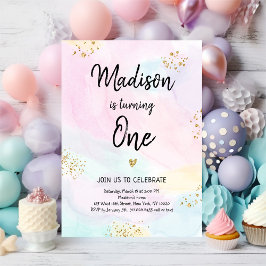 Invitation Anniversaire moderne Pastel Rainbow Pink Gold