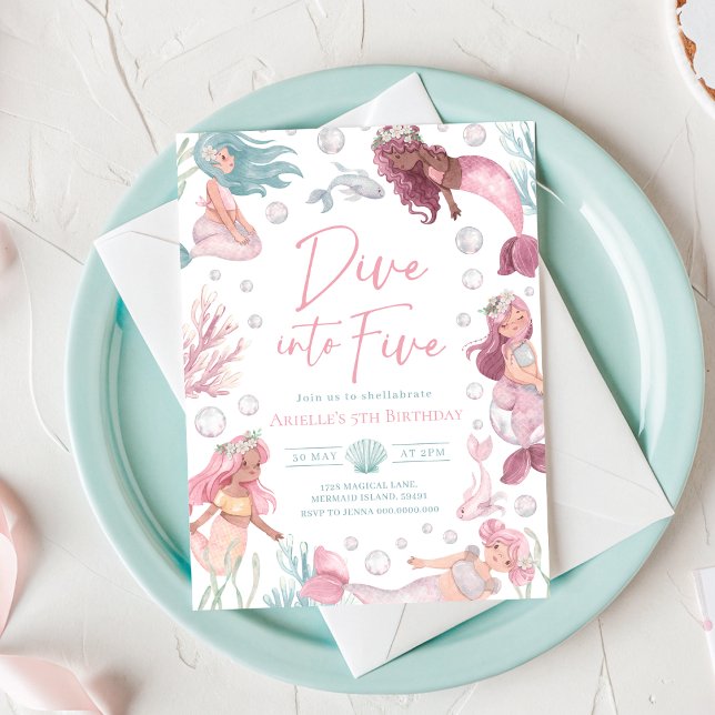 Invitation anniversaire modifiable de sirène pour  (Watercolor Mermaid 5th Birthday Invitation)