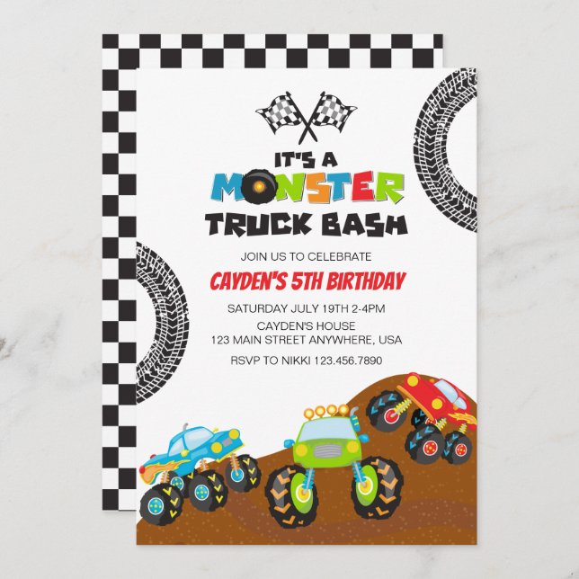 Invitation Anniversaire Monster Truck (Devant / Derrière)